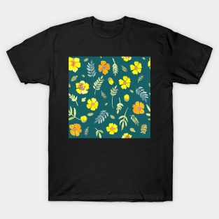 Yellow country floral on deep teal watercolour T-Shirt